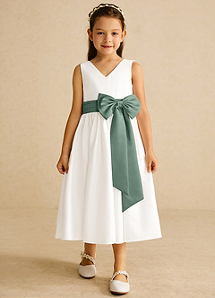 Azazie Darling Flower Girl Dresses Ivory Eucalyptus A-Line Bow Cotton Dress image4