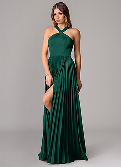 Azazie Afra Bridesmaid Dresses Emerald A-Line Pleated Stretch Satin Dress image4