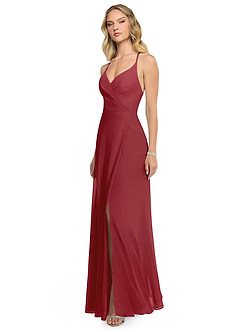 Azazie Davis Bridesmaid Dresses Pomegranate A-Line V-Neck Chiffon Dress image3