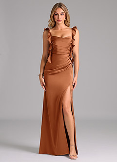 Azazie Jessamine Bridesmaid Dresses Copper A-Line Corset Stretch Satin Dress image3