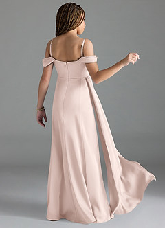 Azazie Amyra Junior Blushing Pink Sheath Off the Shoulder Stretch Satin Dress image2