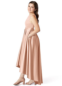 Azazie Inaya Junior Rose Gold A-Line with Belt Stretch Satin Dress image3