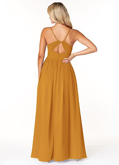 Azazie Dominic Bridesmaid Dresses Butterscotch A-Line V-Neck Pleated Chiffon Dress image2