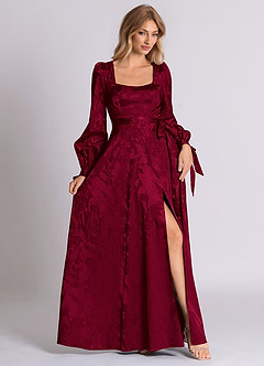 Azazie Leonia 신부 들러리 드레스 A라인 긴팔 자카드 바닥 길이 드레스 image4