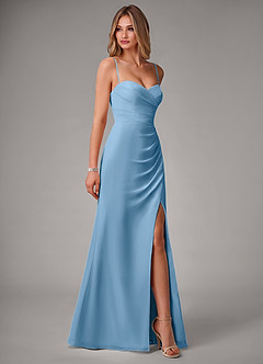 Azazie Haisley Bridesmaid Dresses Steel Blue Sheath Off the Shoulder Chiffon Convertible Dress image6
