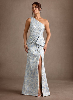 Azazie Victoria Moeder van de bruid jurken Zeemeermin Jurk van Jacquard Gedrapeerd Stoffig Blauw image1