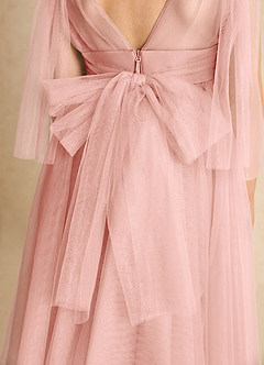 Azazie Dori 플라워 걸 드레스 A라인 셔링 얇실버 명주 그물 티 길이 드레스 image7