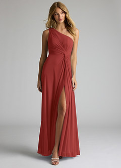 Azazie Brooke Bridesmaid Dresses Rust A-Line One Shoulder Mesh Dress image4