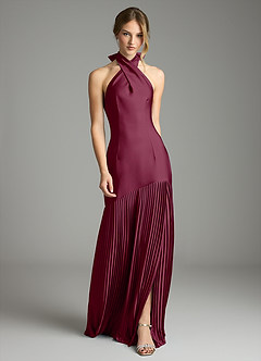 Azazie Nayeli Final Sale Mulberry A-Line Pleated Stretch Satin Dress image1