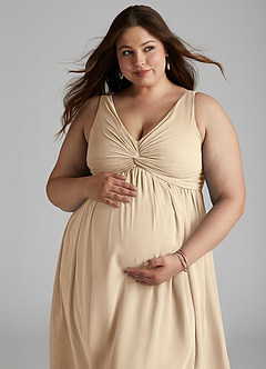 Azazie Yetta Maternity Bridesmaid Dresses A-Line V-Neck Gathered Chiffon Floor-Length Dress image8