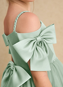 Azazie Amie Flower Girl Dresses Agave A-Line Off the Shoulder Matte Satin Dress image7