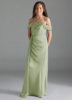 Azazie Amyra Junior Dusty Sage Sheath Off the Shoulder Stretch Satin Dress image4