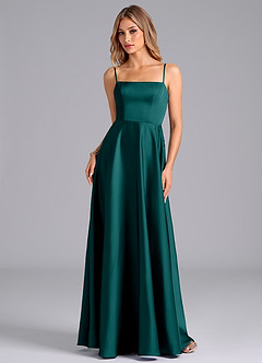 Azazie Elita 신부 들러리 드레스 A라인 주름진 스트레치 새틴 바닥 길이 드레스 image6