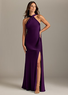 Azazie Kinsley Bridesmaid Dresses Grape Mermaid Side Slit Stretch Satin Dress image1