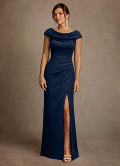 Azazie Irvine Mother of the Bride Dresses Dark Navy A-Line Pleated Floral Burnout Dress image3