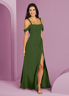 Barbie ♥ Azazie Robes de demoiselle d'honneur Robe Trapèze en Mousseline de soie Épaule décolletée Olive image3