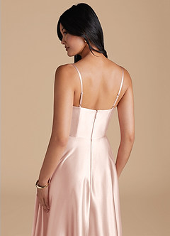 Azazie Elle Bridesmaid Dresses Blushing Pink A-Line with Pockets Metallic Satin Dress image4