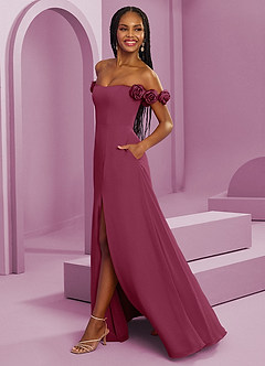 Barbie ♥ Azazie Suknie dla druhen Rozkloszowana szyfonowa sukienka z odkrytymi ramionami i kwiatowymi rozetkami image6