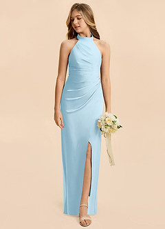 Azazie Jemma Junior Sky Blue Sheath Ruched Stretch Satin Dress image3