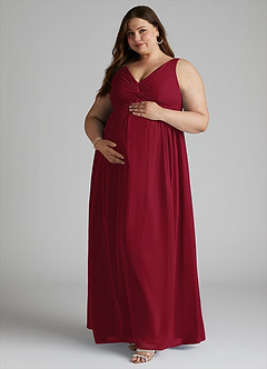 Azazie Yetta Maternity Bridesmaid Dresses A-Line V-Neck Gathered Chiffon Floor-Length Dress image9