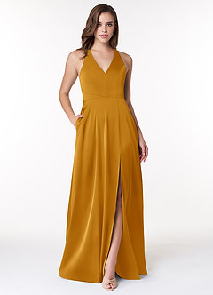 Azazie Ceria Final Sale Matcha A-Line V-Neck Stretch Satin Dress image1