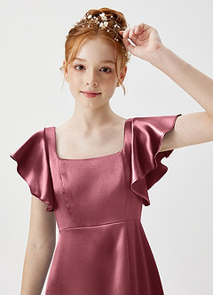 Azazie Bondi Junior Desert Rose A-Line Side Slit Metallic Satin Dress image5