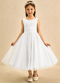 Azazie Macaron Robe Demoiselle D'honneur Fillette Robe Trapèze en Tulle Plissée Ivoire image3