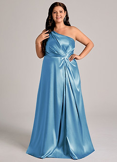 Azazie Brooke Jurken voor bruidsmeisjes Jurk van Metaalachtig Satijn met A-Lijn One-Shoulder Staal Blauw image10