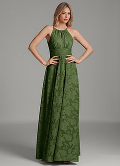 Azazie Bonnie Bridesmaid Dresses Olive A-Line Pleated Floral Burnout Dress image4