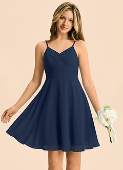 Azazie Avelina Junior Robe Trapèze en Mousseline de soie Plissée Bleu Marine Foncé image5
