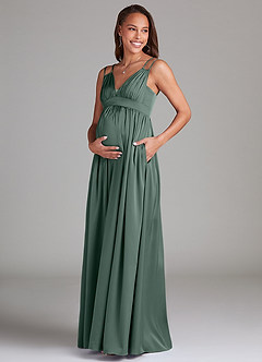 Azazie Emree Maternity Bridesmaid Dresses A-Line Stretch Satin Floor-Length Dress with Pockets image3