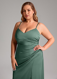 Azazie Azuree At-home Try On Dresses Dusty Sage A-Line Pleated Stretch Satin Dress image14