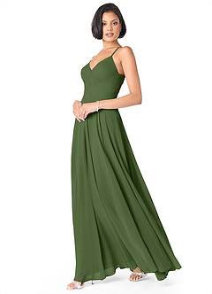 Azazie Avelina Robes de demoiselle d'honneur Robe Trapèze en Mousseline de soie Col V plissé Olive image3