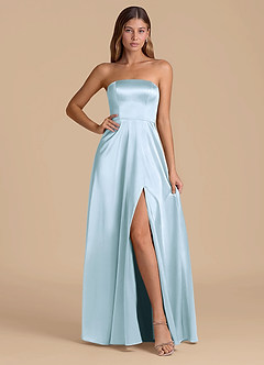 Azazie Wren 신부 들러리 드레스 A라인 스트랩리스 메탈릭 새틴 바닥 길이 드레스 image1