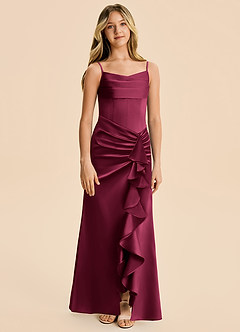 Azazie Rosalia Junior Burgundy Sheath Pleated Stretch Satin Dress image6