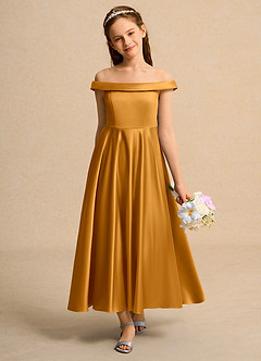 Azazie Teeny Junior Formal vestidos de niña de las flores Vestido de Caramelo de Satin Mate de Corte En A con Plisado image3