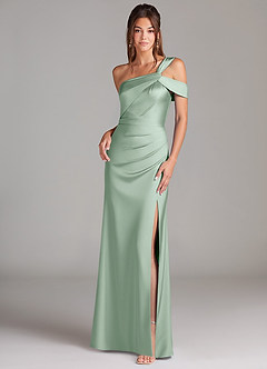 Azazie Wynter Robes de demoiselle d'honneur Robe Fourreau en Satin extensible Épaule décolletée Agave image1