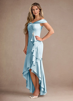 Azazie Billings Mère de la mariée Robes Robe Sirène en Satin extensible Épaule décolletée Bleu Ciel image2
