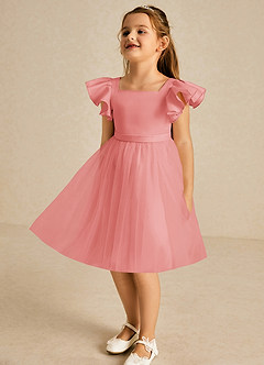 Azazie Kaeya Flower Girl Dresses Coral A-Line Bow Tulle Dress image4