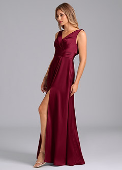 Azazie Karina Bridesmaid Dresses Burgundy A-Line Pleated Stretch Satin Dress image3