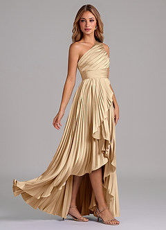 Azazie Lyrica Bridesmaid Dresses Champagne A-Line One Shoulder Stretch Satin Dress image2