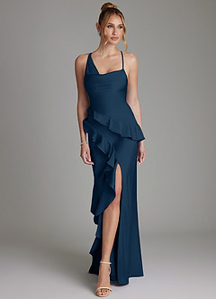 Azazie Jayda Bridesmaid Dresses Dark Navy A-Line Ruched Stretch Satin Dress image4