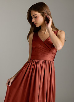 Azazie Keyla Robes de demoiselle d'honneur Robe Trapèze en Satin extensible Plissée Terracotta image8