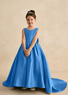 Azazie Mimia Robe Demoiselle D'honneur Fillette Robe Trapèze en Mat Satiné Arc Geai Bleu image3