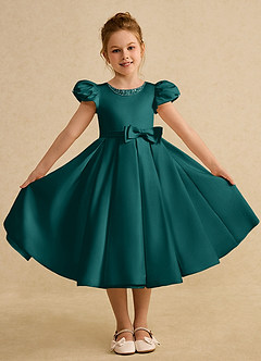 Azazie Pearl Flower Girl Dresses Peacock Ball-Gown Pleated Matte Satin Dress image4
