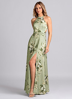 Azazie Clarice Bridesmaid Dresses Floral Vines A-Line High Neck Stretch Satin Dress image5