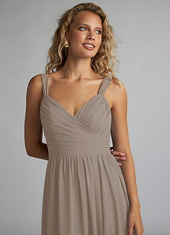 Azazie Aziza Bridesmaid Dresses Taupe A-Line V-Neck Pleated Chiffon Dress image5