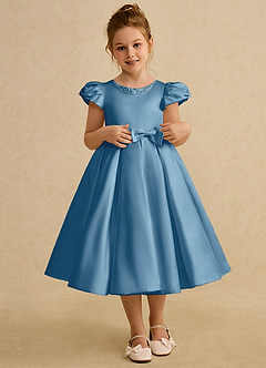 Azazie Pearl Flower Girl Dresses Steel Blue Ball-Gown Pleated Matte Satin Dress image1