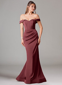 Azazie Everly Robes de demoiselle d'honneur Robe Sirène Convertible en Satin extensible Épaule décolletée Merlot image3