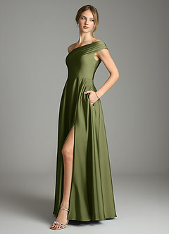 Azazie Melanie Bridesmaid Dresses Olive A-Line Off the Shoulder Stretch Satin Dress image4